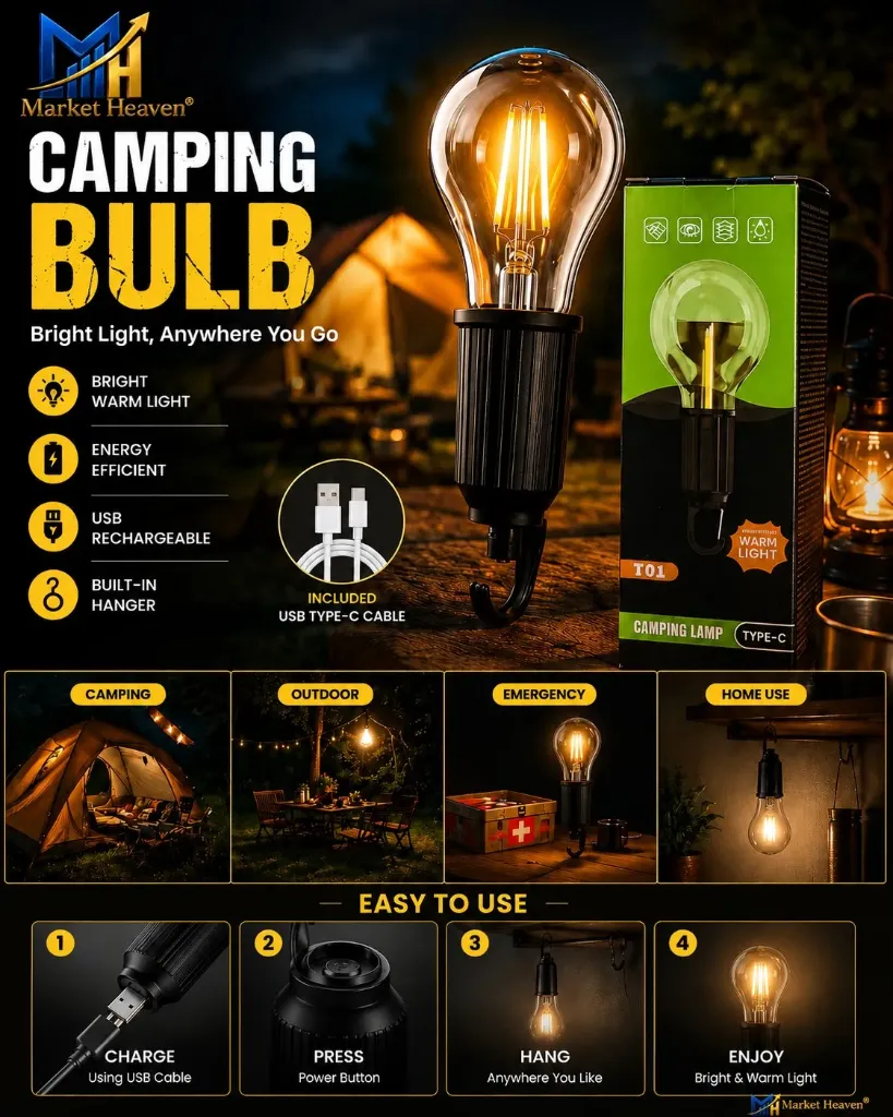 Rechargeable Hanging Bulb Light| Emergency Lamp | USB rechargeable Bulb Light | Waterproof Hanging Light | Decorative Hanging Bulb |3 Lighting Modes Tent Lamp for Camping 1pc