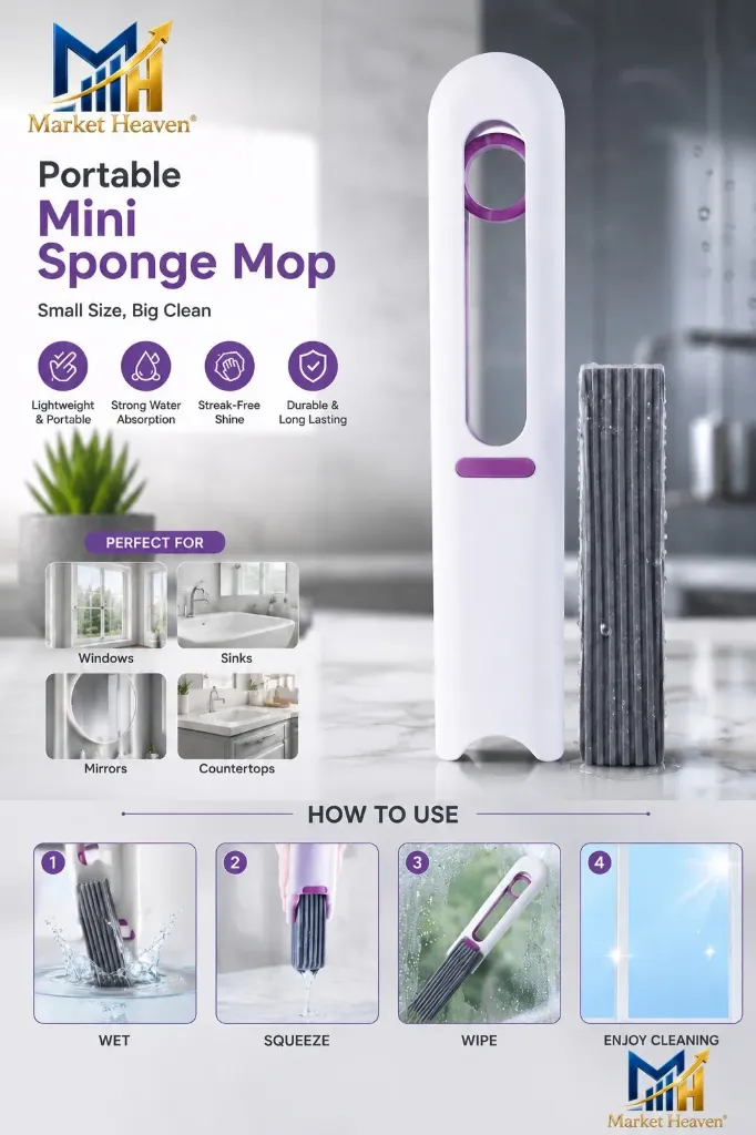 Mini Mop Portable Self-Squeeze Small Mop, Hand Free Automatic Cleaning mop Wet & Dry Mop (White) 1pcs