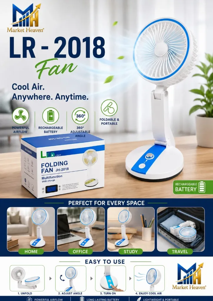 Rechargeable Multifunction Folding Fan with LED Light 360° Rotating (Blue) 1pcs