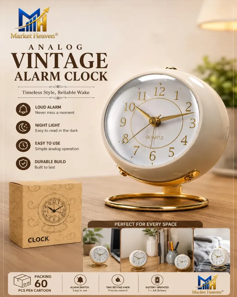 Alarm Clocks, Bedroom Powered Round Clock, Super Silent Non Ticking, Analog Alarm Clocks with Night Light, Metallic Lacquer Frame, HD Glass Mirror,(Pcs-1; Multicolour).