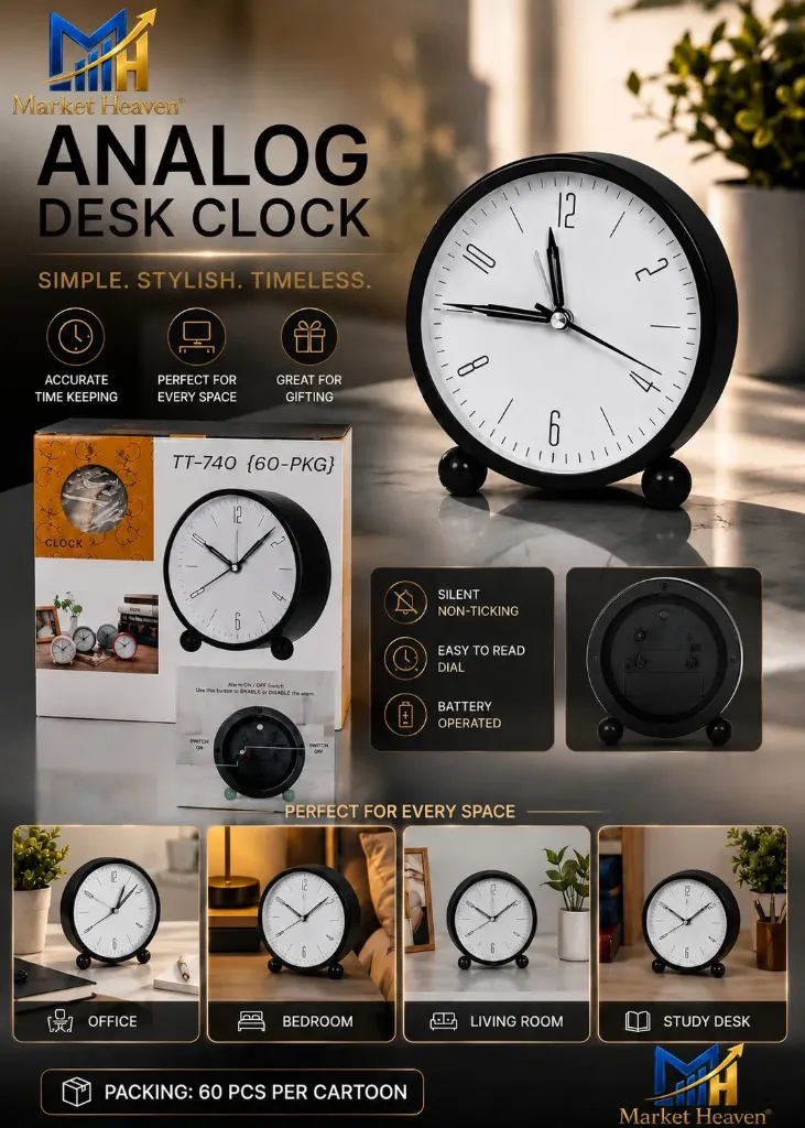 Metal Analog Alarm Clock | Silent Non-Ticking Bedside Table Clock with Night Light | Loud Alarm for Heavy Sleepers, Battery Operated Desk Clock for Home & Office (Black) 1pcs