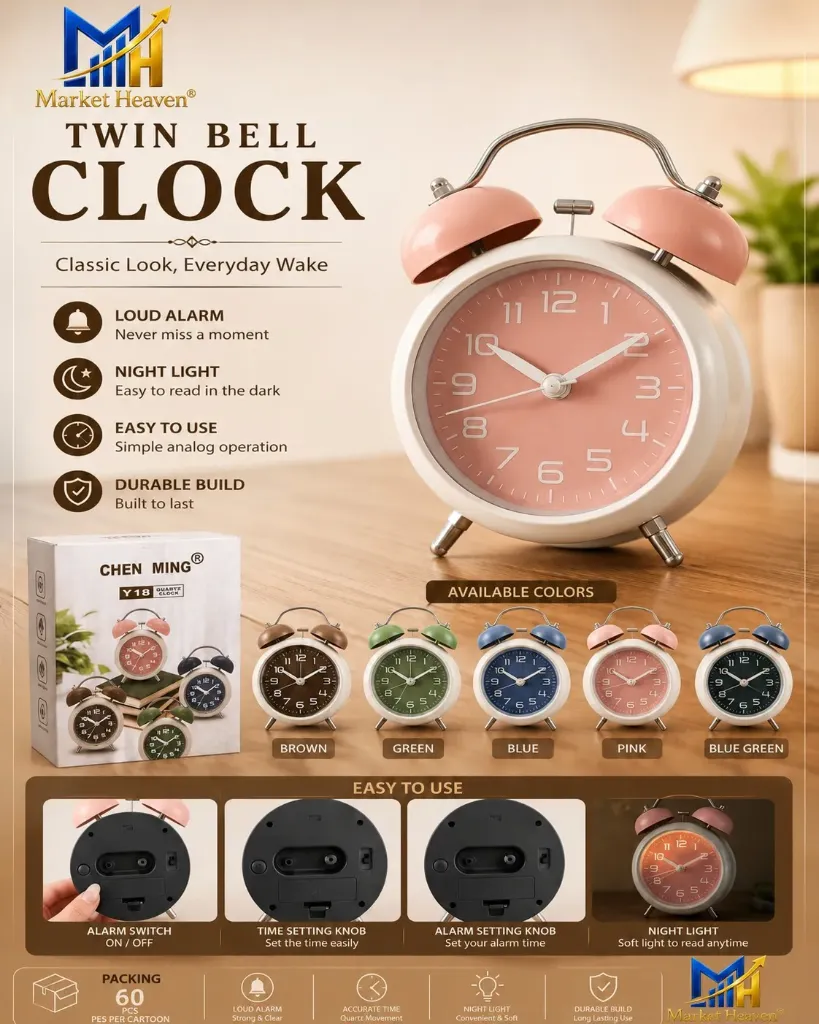 Twin Bell Analog Alarm Clock with Night Light, Non-Ticking Quartz Movement, Luminous Dial, Loud Ringer, Bedside Table Clock for Bedroom, Study Room, Students 1pcs