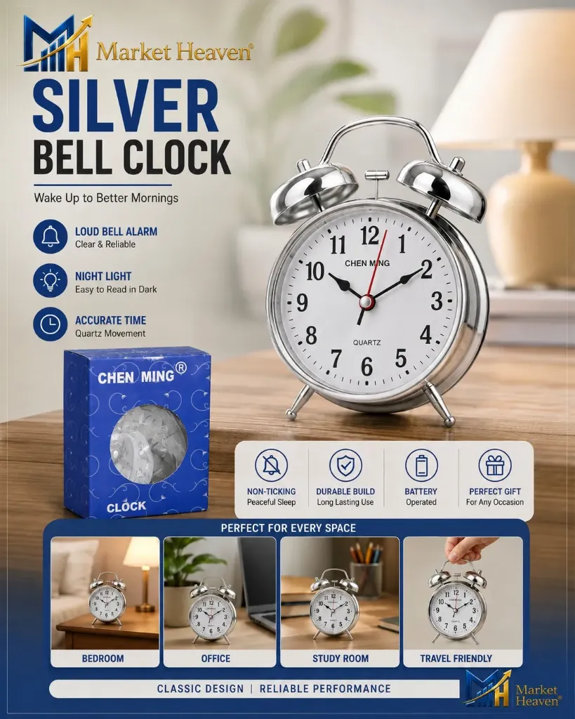 Alarm Clock for Heavy Sleepers - Analog Twin Bell Table Clocks for Girls and Boys, Slient Sweep Movement for Bedside Timepiece, High Sound Alarm Clocks for Students (Silver) 1pcs