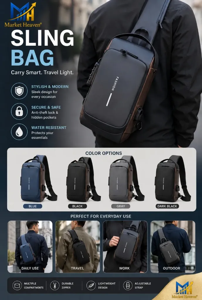 [Sling Side Bag For Men] Sling Side Bag For Men | Anti-Theft Smart Waterproof Crossbody Chest Bag for Travel | Messenger Bags Casual Shoulder Bag for Men and Women (ALLBLACK)