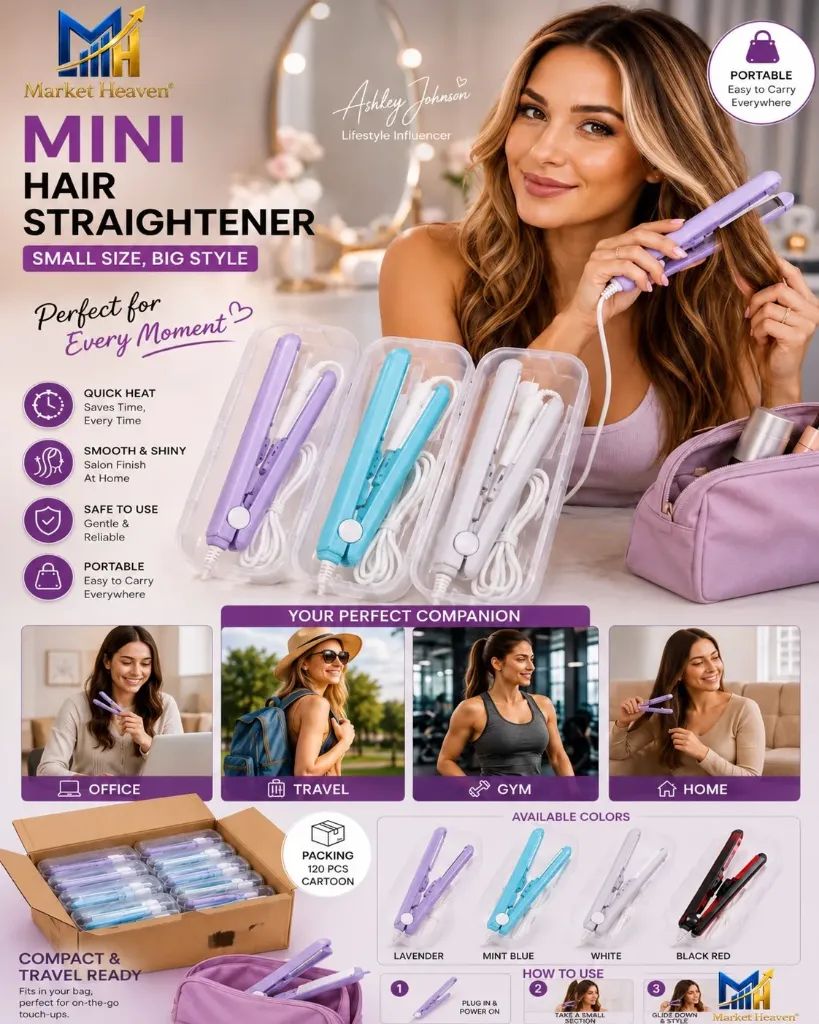 [Mini Hair Straightener with Ceramic] Mini Hair Straightener with Ceramic Plates, Compact Travel-Friendly Design, Fast Heating, Frizz-Free Styling, Purple