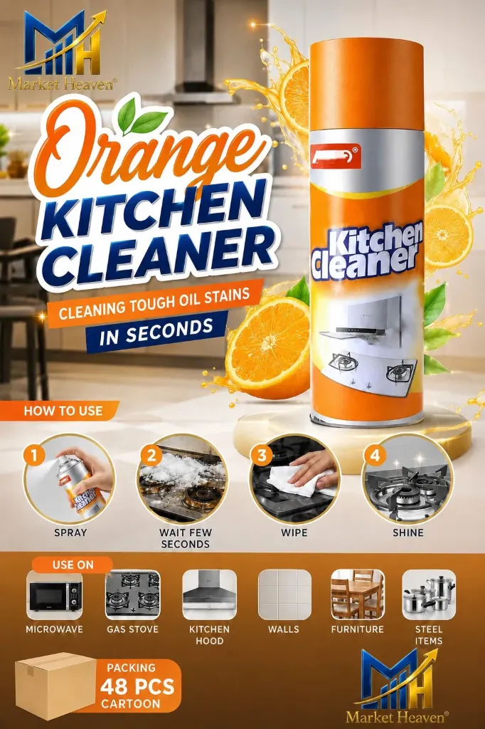 [Kitchen Cleaner Spray Powerful] Orange Kitchen Cleaner Spray Powerful Grease Stain Remover Citrus Scent Multi-Surface Countertops Appliances Foam Chimney Microwave Ovens Gas Stoves Heavy Duty Oil (Pack of 1)