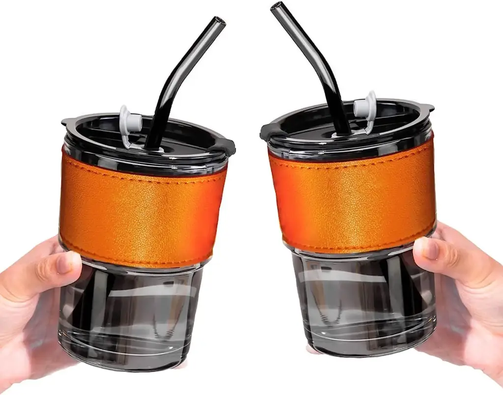 Glass Sipper Tumbler with Lid & Straw – Insulated Mug with Leather Sleeve – Reusable Cup for Coffee, Tea, Milk, Juice & Water – Spill-Proof & Stylish - CRAFTREE