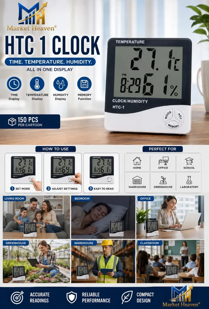 Digital Temperature Humidity Clock HTC-1, LCD Display, Indoor Thermometer Hygrometer, White and Black