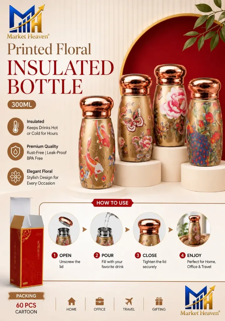 Stainless Steel Water Bottle with Fish/Flower Print | Leak Proof Portable Bottle with Clip Cap | Stylish Printed Water Bottle for School, Office & Travel – Mix Design (1 Piece)