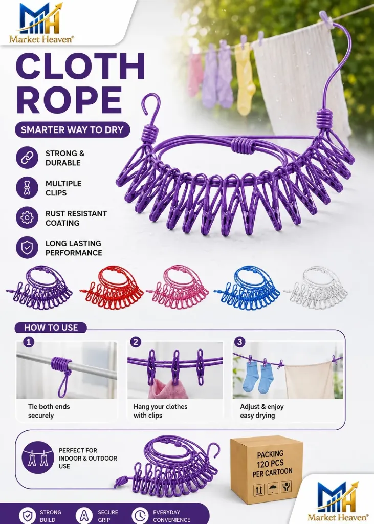 Cloth Drying Rope with Hooks Elastic Cloth Hanging Rope for Cloth Drying with Cloth Rope for Drying Clothes for Travel Home Outdoor, Multicolor