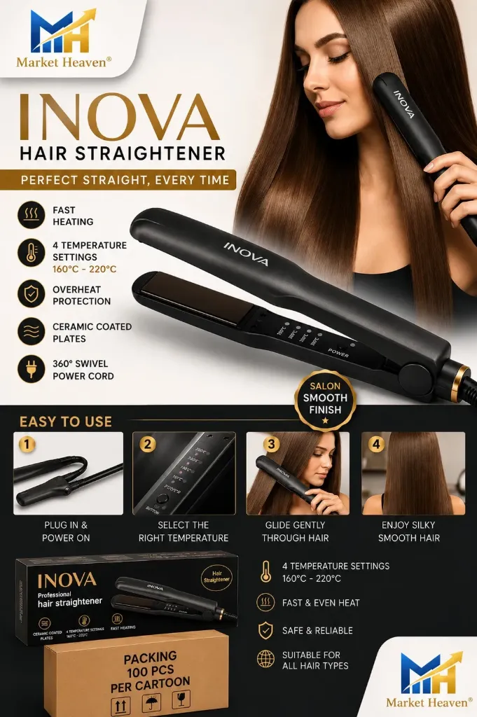 INOVA Professional Ceramic Hair Straightener with 4-Speed Temperature Control, Black
