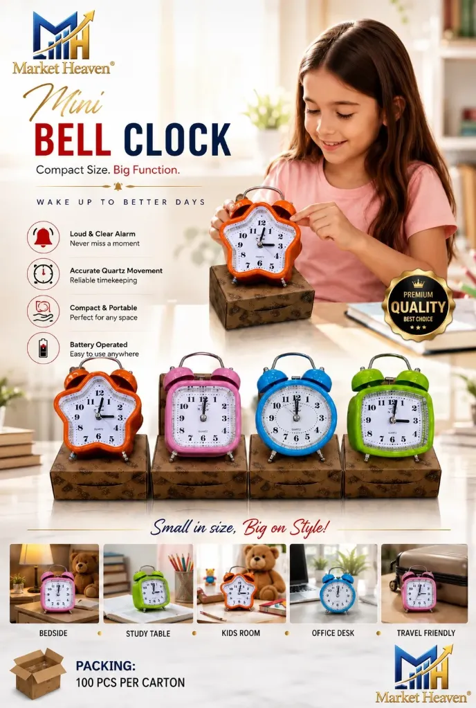 [Alarm Clock with Night Light Mix Shape] Alarm Clock with Night Light Mix Shape Metal Body - Multicolor | Twin Bell Design, Battery Powered, Loud Alarm, Multiple Shapes, Multiple Colours