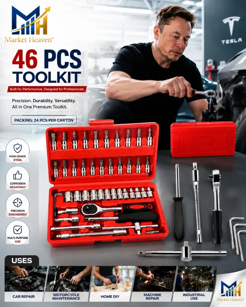 Tool Box Kit || 46-Piece Tool Kit -1/4 Inch Drive Socket Set, Chrome Vanadium Steel, 4-14mm Metric Sockets with Ratchet Wrench, Extension Bars, S2 Bits, Red Case
