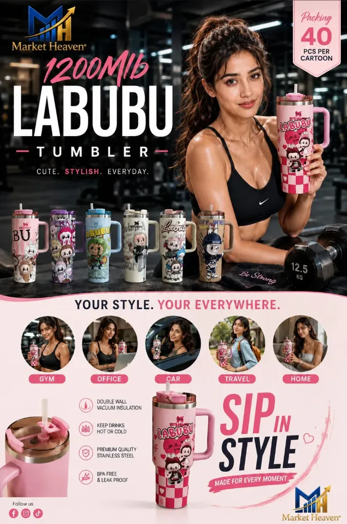 [Tumbler with Straw] Tumbler with Straw, Pink Labubu Character Print, Double-wall Vacuum Insulated, Limited Edition