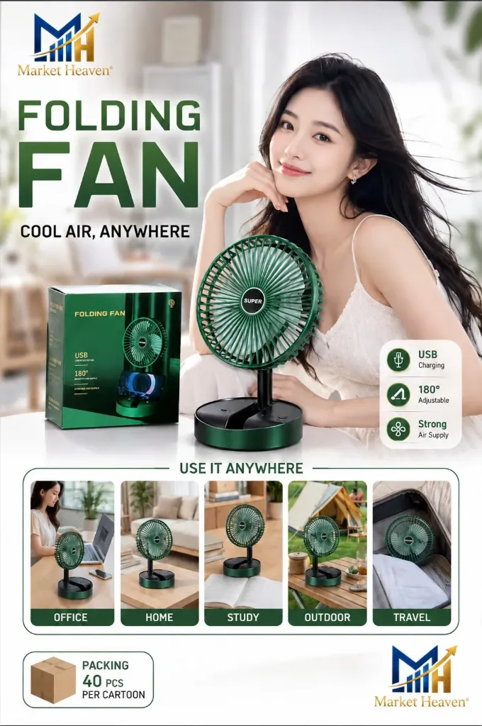 USB Rechargeable Desk Fan Telescopic Electric Desktop Fan Height Adjustable Foldable & Portable for Travel Silent Table Top Personal Fan for Bedside Office Table