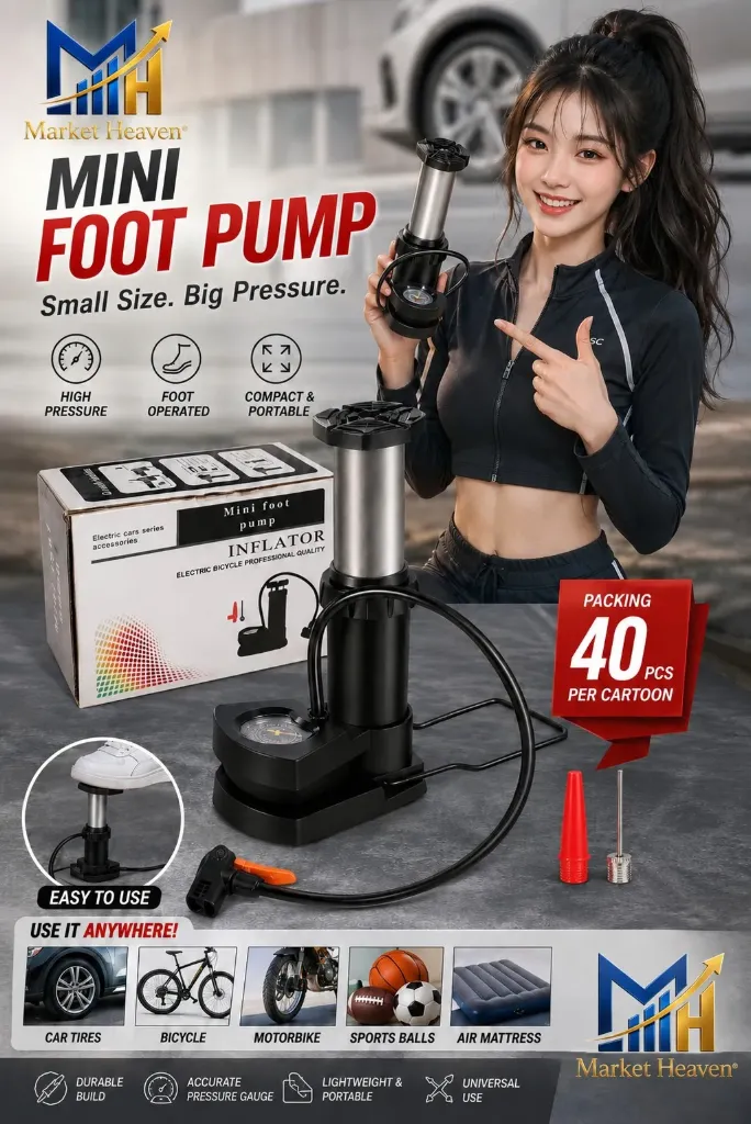 [Mini Foot Air Pump with Pressure Gauge] Mini Foot Air Pump with Pressure Gauge | Portable High Pressure Bicycle & Car Tyre Inflator | Dual Valve (Presta & Schrader) | Multi-Purpose Air Pump for Bike, Motorcycle, Football, Basketball