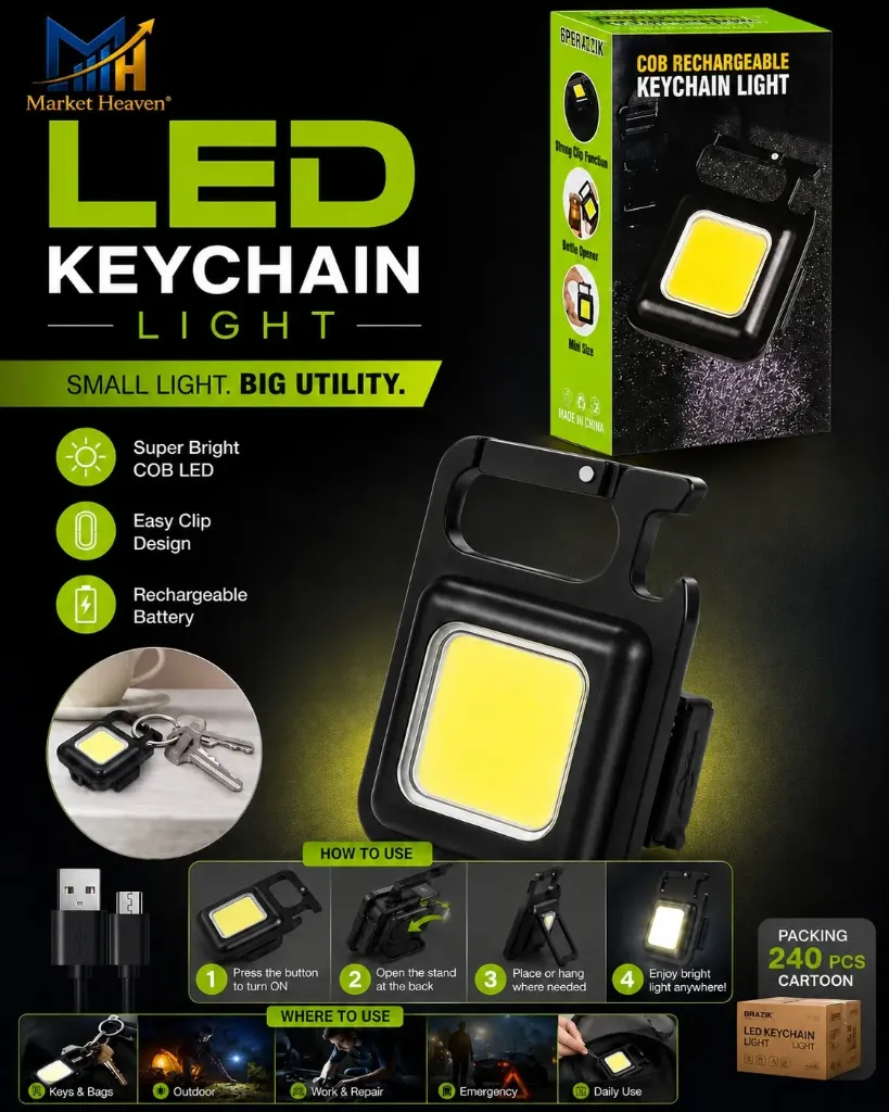 COB Rechargeable LED Keychain Light, USB Charging, Black