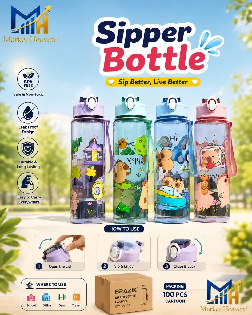 Water Bottle for Kids | Anti-Leak Sipper Water Bottle with Straw | BPA- Free One Touch Open Lid Cartoon Drinking Bottle with Portable Handle | Easy to Carry for Girls & Boys