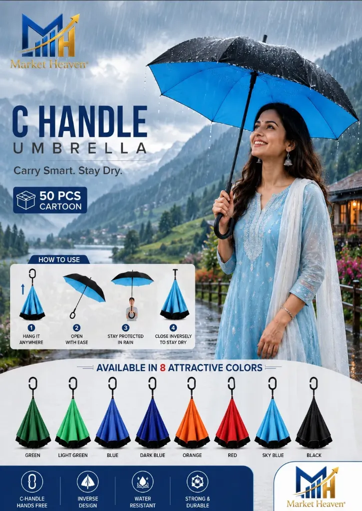 Windproof Umbrella for Men & Women with C-Shaped Handle; Double Layer Folding Design; Hands-Free Reverse Umbrella for Rain & Sun; Stylish, Durable & Compact (Multicolor)(pack of 1)