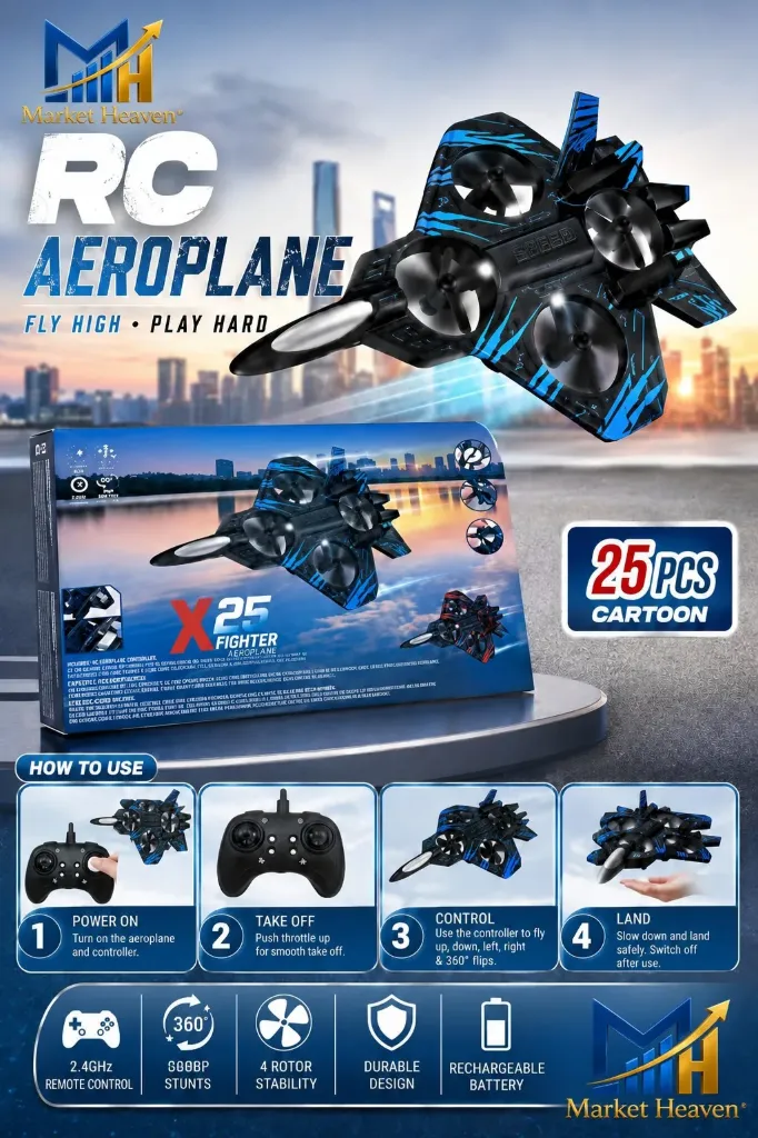 [Rechargeable RC Fighter Aircraft Drone Toy with Remote Control] Rechargeable RC Fighter Aircraft Drone Toy with Remote Control | 360° Stunt Flying | USB Charging | LED Lights | Indoor & Outdoor Fun