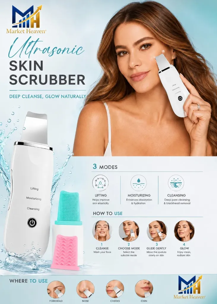 [Skin Scrubber Face Spatula] Skin Scrubber Face Spatula | Deep Pore Cleaner with 3 Modes (Cleansing, Moisturizing & Lifting) | USB Rechargeable Facial Blackhead Remover with 2 Silicone Covers | White