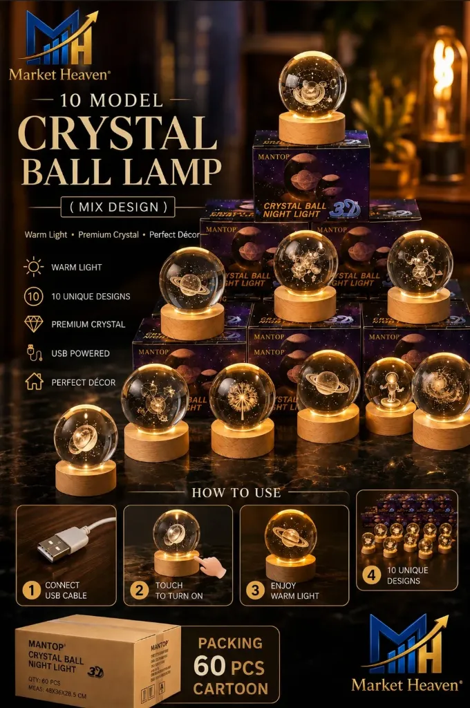 Lamp Crystal Ball Night Light for Baby with Wooden Base | LED USB Powered Ball | Galaxy Light Lamp | Birthday Gift for Friend, Home & Office Décor for Activity & Play Time (Galaxy)
