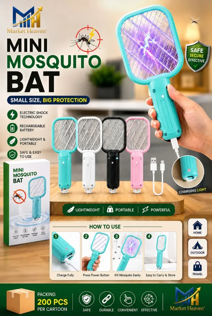 Mini Mosquito Killer Bat, 2 in 1 USB Rechargeable Electric Fly Swatter & Bug Zapper Lamp, Portable Mosquito Trap Light, Safe & Compact Design for Indoor Bedroom and Outdoor Use