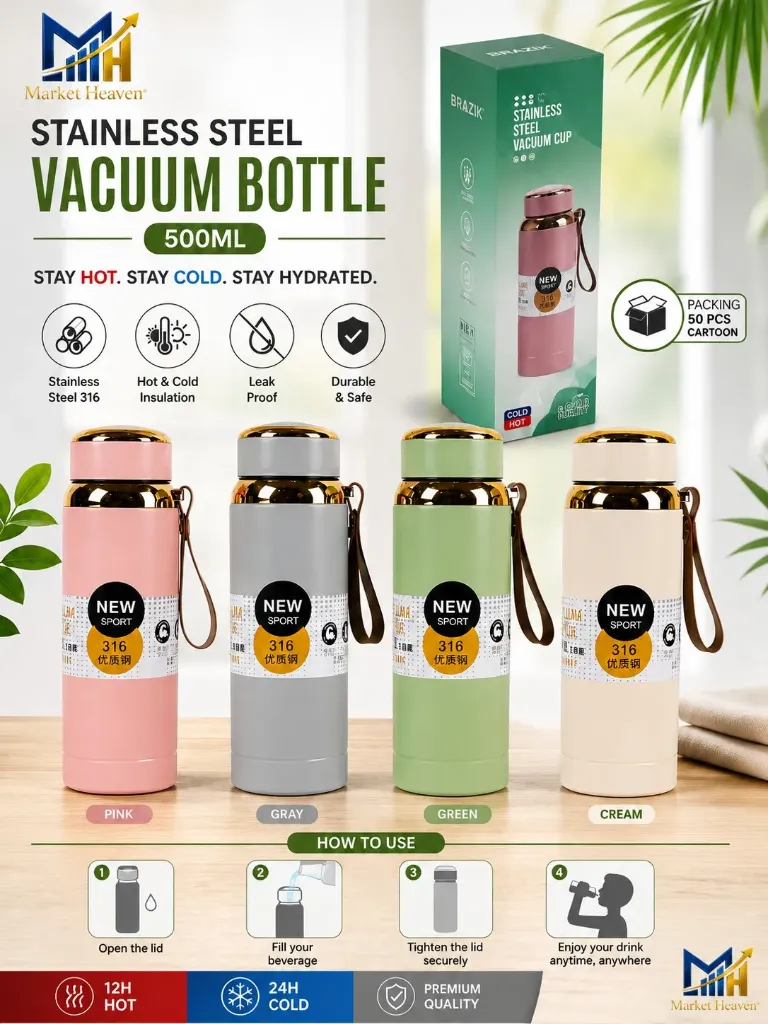 1000ml Stainless Steel Insulated Vacuum Flask Water Bottle with Rose Gold Lid, Leak Proof Large Capacity Sports Bottle with Strap & Handle for Travel, Gym, Office, Hot & Cold Drinks