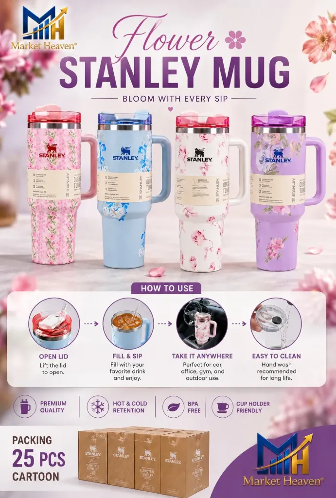 Floral Print Stainless Steel Tumbler with Handle & Straw | Insulated Travel Mug for Hot & Cold Drinks | Leakproof Reusable Cup with Lid | Stylish Pink Tumbler