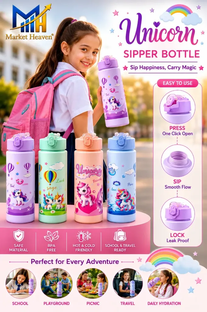 Unicorn Kids Water Bottle 900ml, Leakproof BPA Free Water Bottle for Girls & Boys, Cute Cartoon Bottle with Straw & Flip Lid for School, Travel & Outdoor – 25cm, Lightweight & Durable