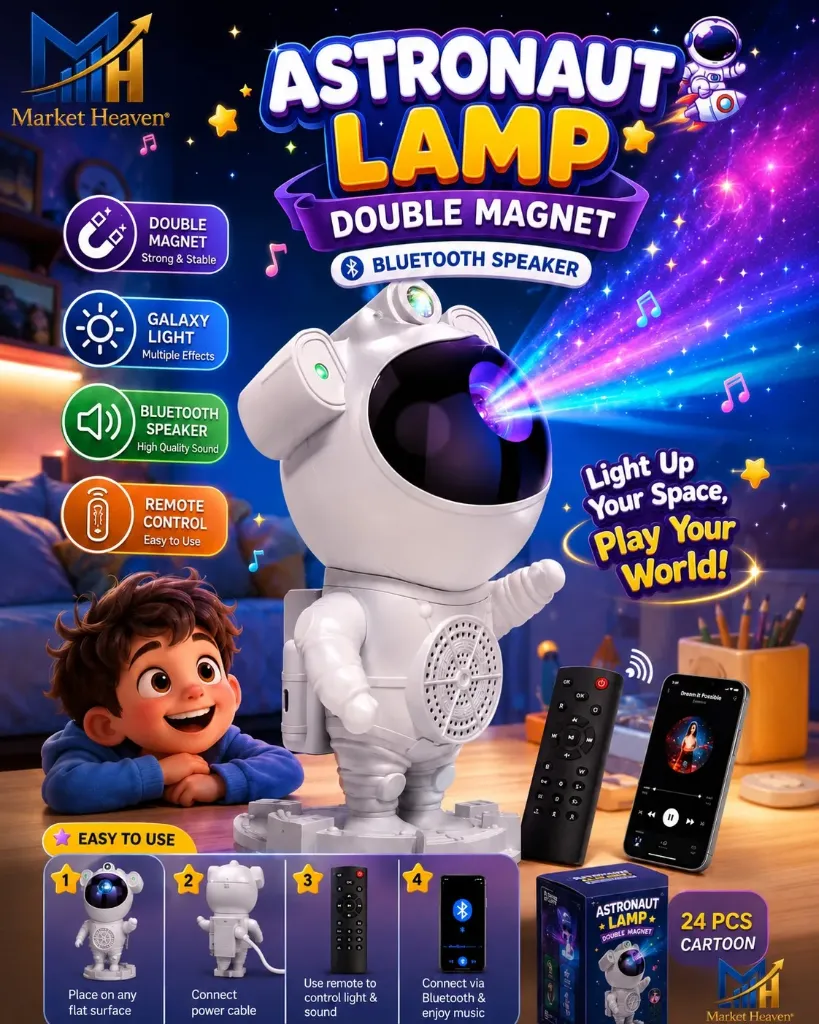 Rotating Astronaut Galaxy Projector – Aluminium LED Night Light with Remote Control, Adjustable Timer for Gaming Rooms