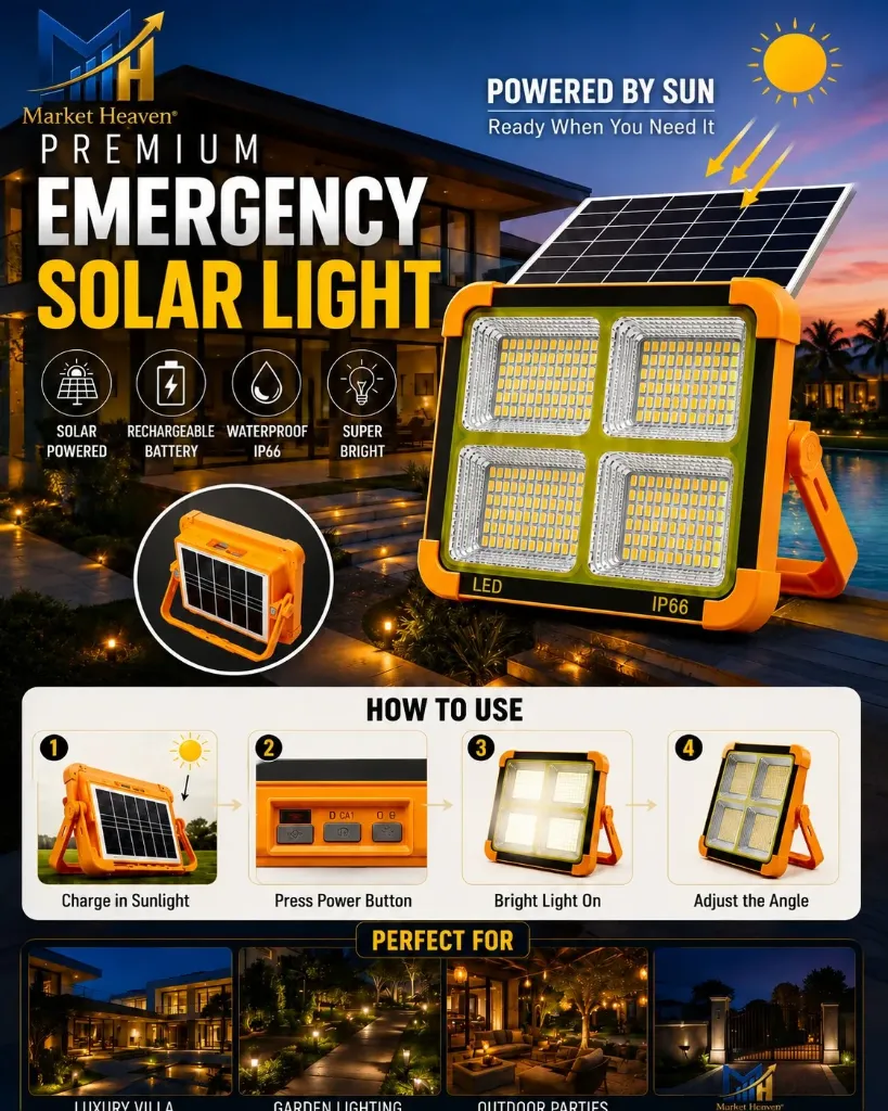 100W Solar Rechargeable LED Flood Light | 12000mAh Battery | Dual Charging (Solar + USB) | Emergency Backup Light for Power Cut | USB Mobile Charging | Portable Outdoor Work Light