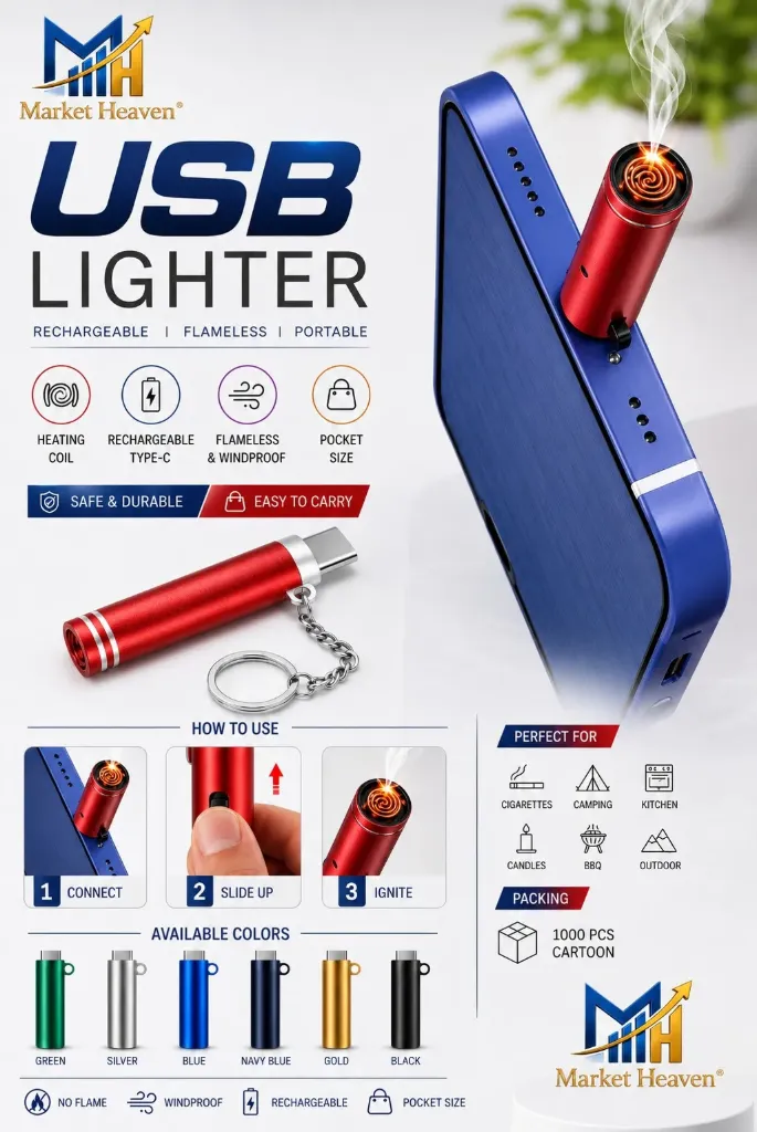 Type C Electric Lighter, Flameless Rechargeable Coil, Windproof Portable Mini Keychain Lighter for Cigarette