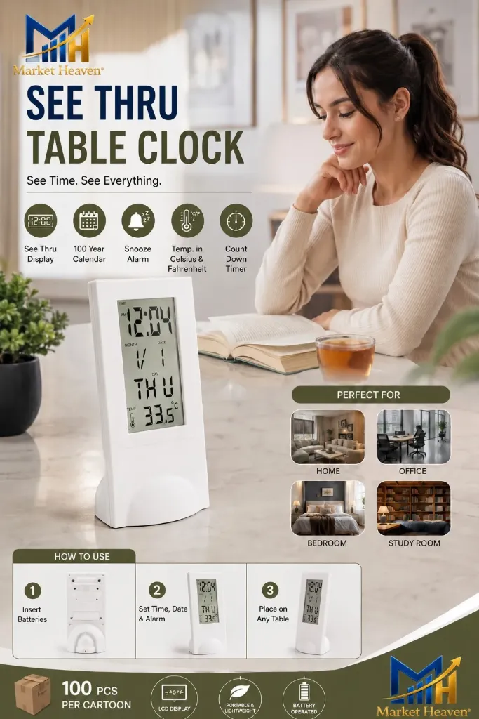 [Digital Table Clock with See-Through LCD] Digital Table Clock with See-Through LCD Display, Alarm, Temperature, Calendar and Countdown Timer, White