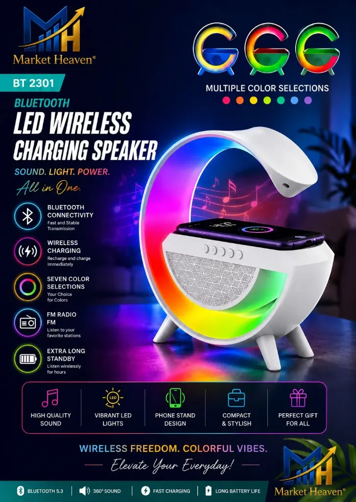 [G Shape Multifunctional Google Speaker] G Shape Multifunctional Google Speaker Wireless Charger Speaker 15 Watt Fast Charging Speaker Atmosphere Lamp with Bluetooth Speaker FM Radio 6 RGB Music sync Lighting Mode for Bedroom