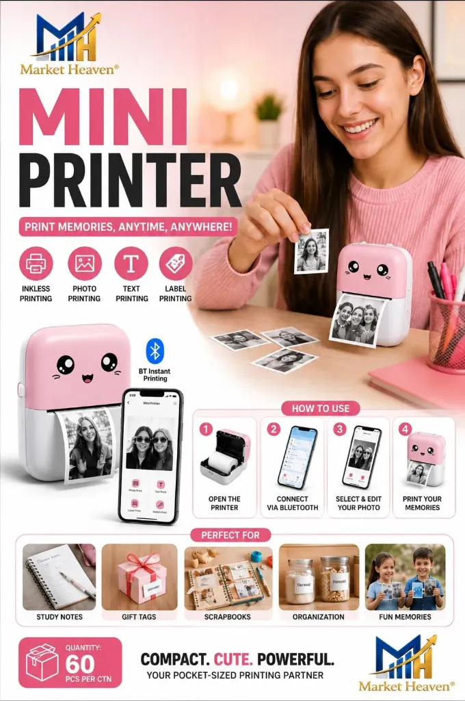 [Bluetooth Mini Printer for Students] Bluetooth Mini Printer for Students | Inkless Wireless Thermal Printer (Black & White) | Portable Wireless Mini Printer for Mobile | Black & White and Color Printing (Pink)