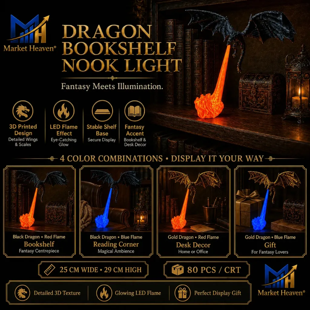 [3D Printed Flying Dragon] 3D Printed Flying Dragon Bookshelf Nook LED Light, Fire-Breathing Fantasy Shelf Decor Lamp, Red & Blue Flame Dragon Night Light for Bedroom, Desk, Reading Corner, Book Lovers & Gifts