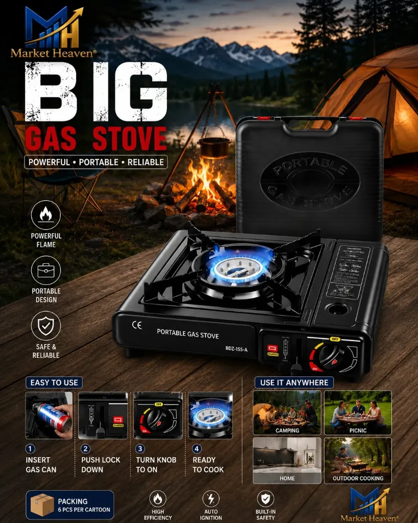 Portable Gas Stove for Propane & Butane, Camping Stove with Single Burner, Propane Adapter Hose and Carrying Case
