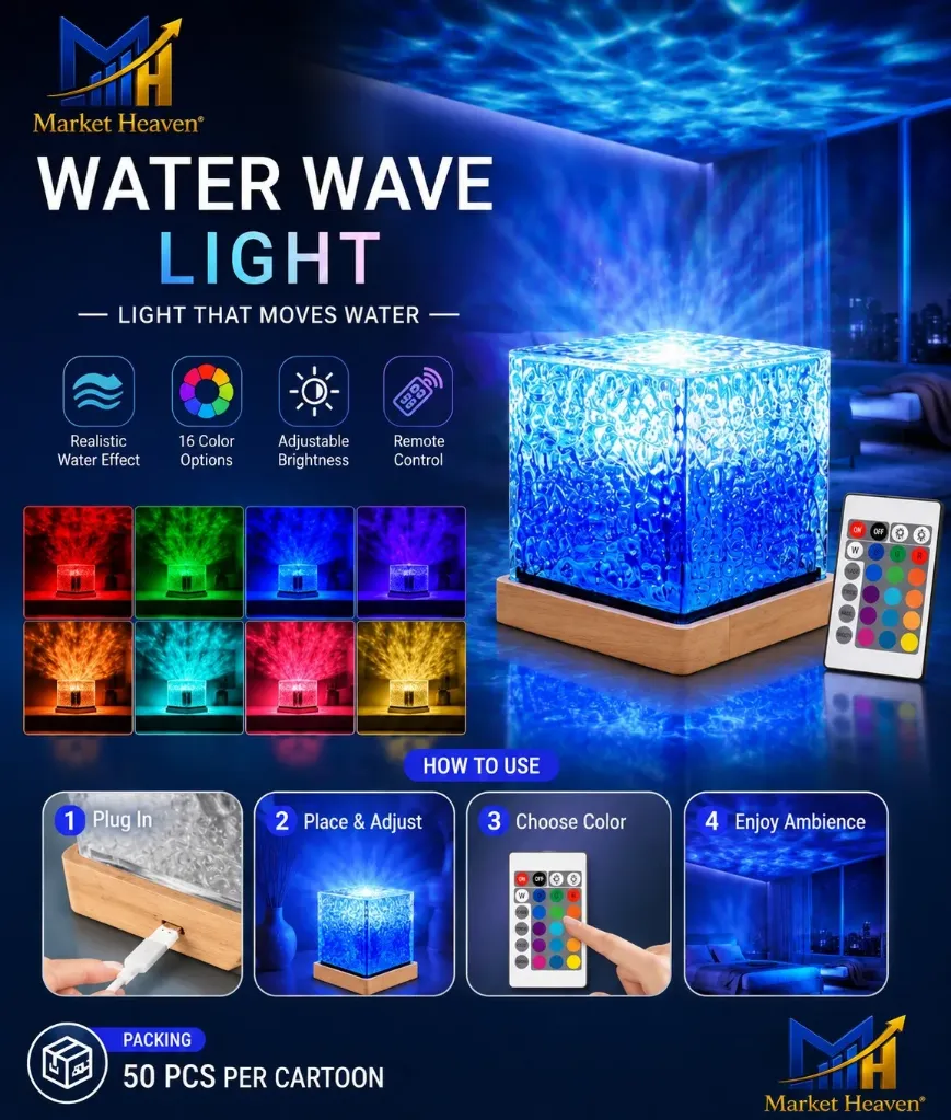 [Ocean Wave Effect Night Light] 3D Ocean Wave Effect Night Light for Bedroom 16 Colors Gradual, Rotating LED Projection Lamp Projector, Crystal Table Lamp, Remote Control