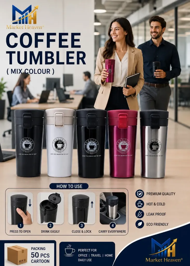 Steel Vacuum Insulated Travel Coffee Mug, Prolonged Hours Hot & Cold, Spill Proof & Easy to Sip, Leakproof & Rustproof, On The Go Coffee Cup (Multicolour) (Any 1 in Box)