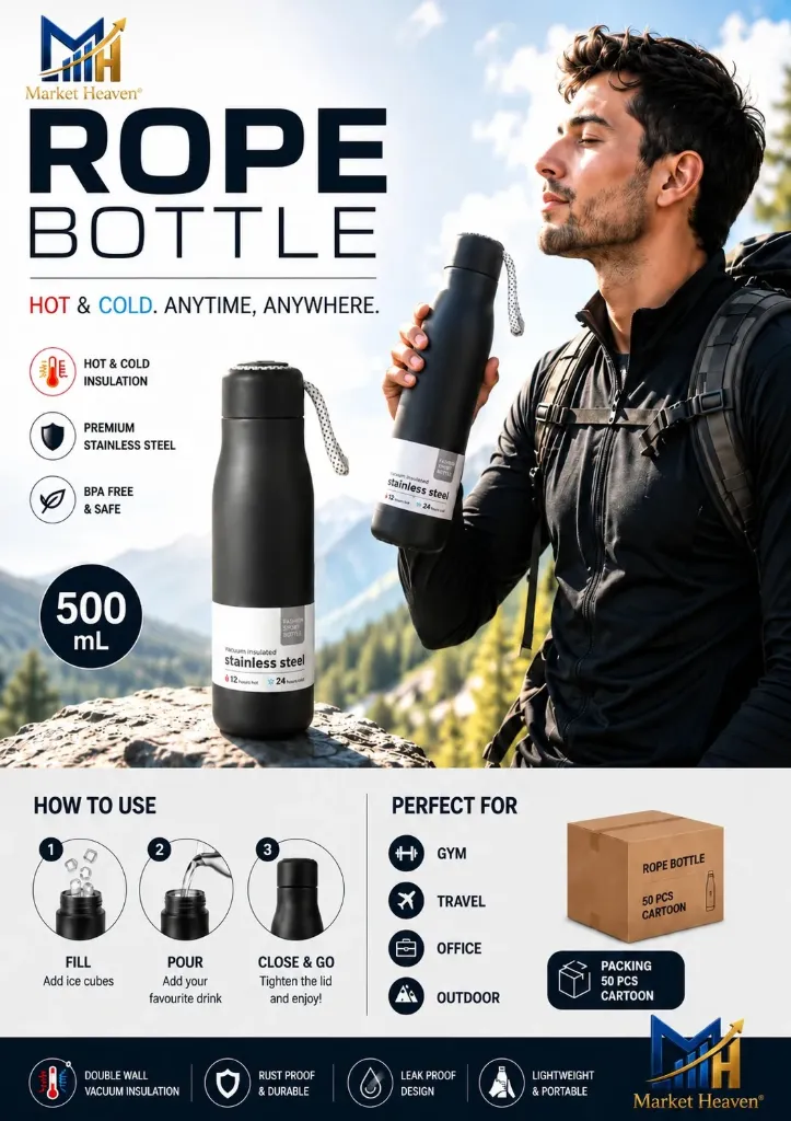 [Dori Stainless Steel Vacuum] Dori Stainless Steel Vacuum Insulated Water Bottle (Black) 8 Hrs Hot, 20 Hrs Cold , Food-Grade Steel, Portable Carry Loop, Fashion Sport Bottle