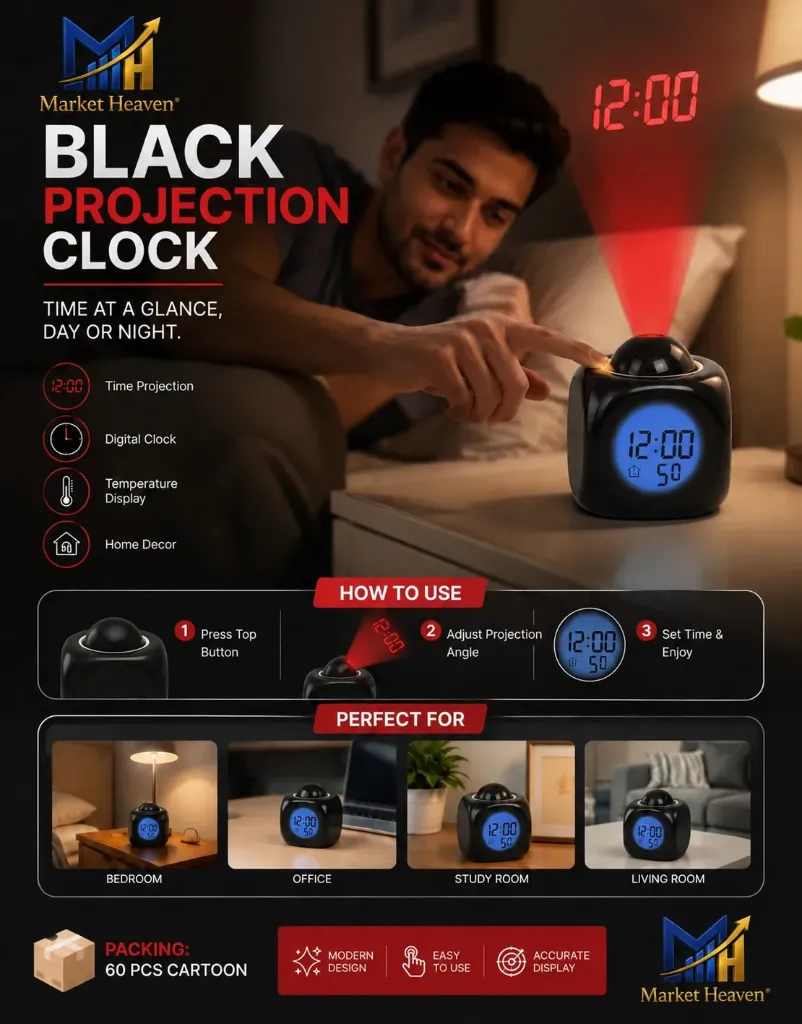 Digital Projection Alarm Clock with Rotatable Ceiling Projector, LCD Time & Temperature Display, Talking Feature and Snooze Function for Bedroom, Study Table, Office and Home Decor