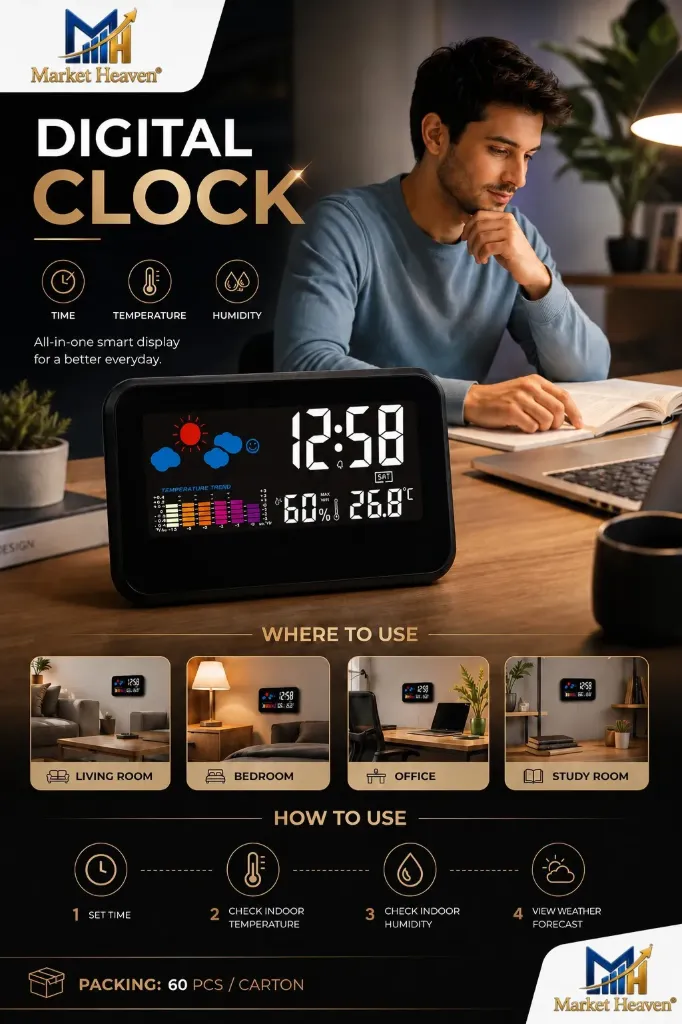[Digital Alarm Clock with Weather Colour] Digital Alarm Clock with Weather Colour Display, Temperature & Humidity Monitor, Snooze Function, Large Display, Battery Operated Table Clock for Bedroom, Office & Home (Black)