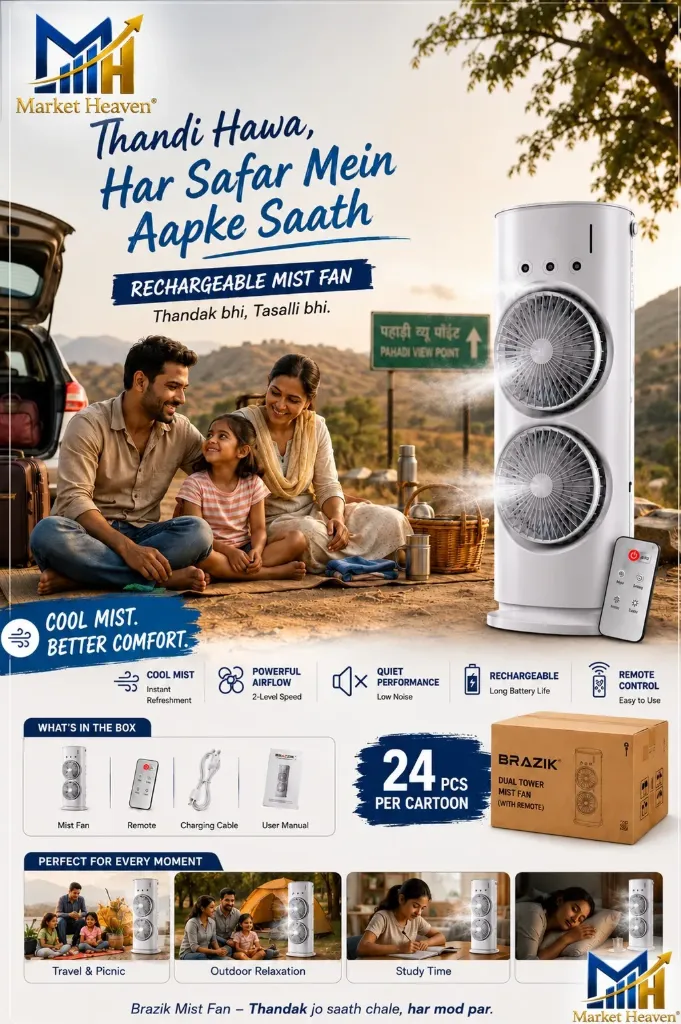Drumstone 15 Years Warranty Portable Double Head Spray Fan with Remote Control, USB Rechargeable Mini Air Cooler with Mist Spray, 3 Speed Settings, 120° Adjustable Angle for Home & Office