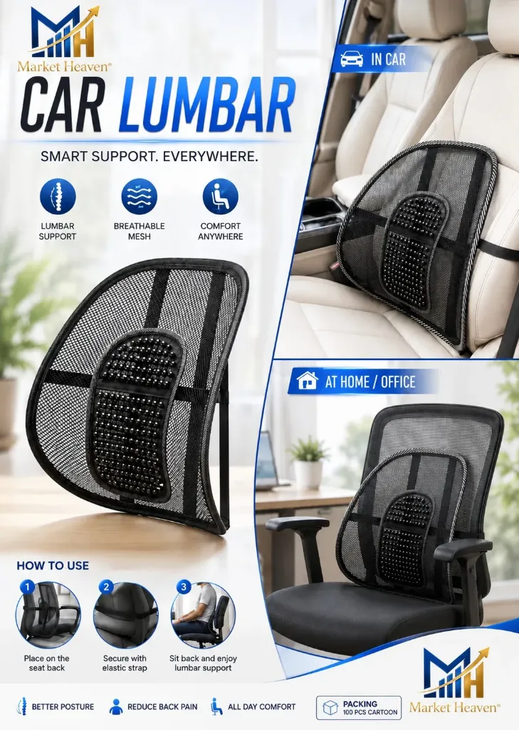 Car Seat Lumbar Back Support Cushion | Mesh Breathable Back Rest with Massage Beads | Ergonomic Support for Car, Office Chair & Wheelchair