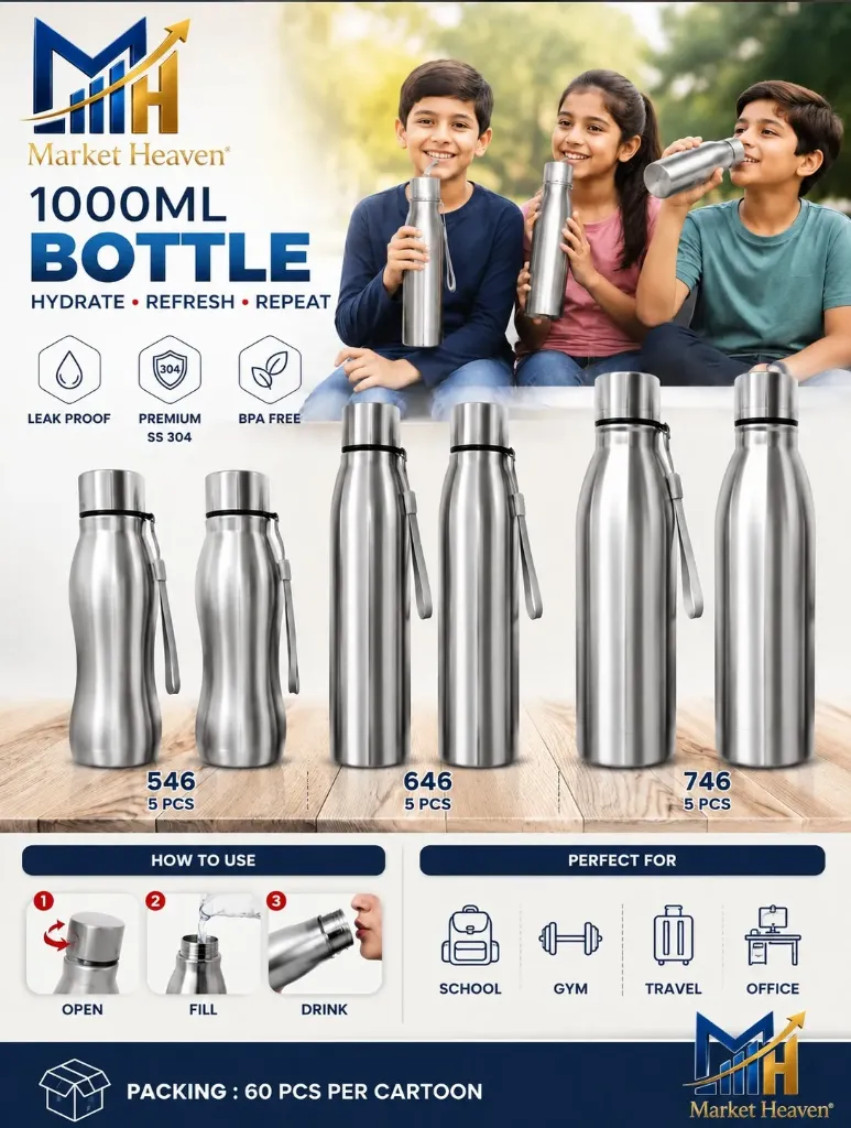 [1 Litre Stainless Steel Water] Premium 1 Litre Stainless Steel Water Bottle | 1000ml Single Wall Drinking Bottle | Leakproof Lid | BPA Free, Food Grade, Rust Resistant | Metal Water Bottle for Gym, Office, School, Home & Travel