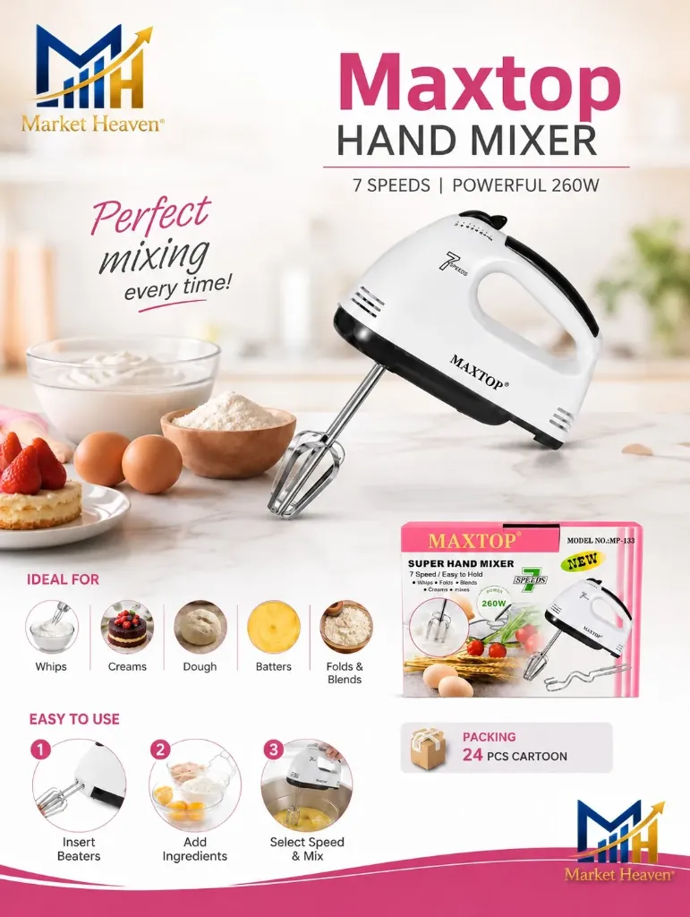 [Electric Hand Mixer with 4 Stainless Steel] 7-Speed Electric Hand Mixer with 4 Stainless Steel Attachments | Portable Egg Beater, Dough Hooks & Whisks for Baking and Cooking.