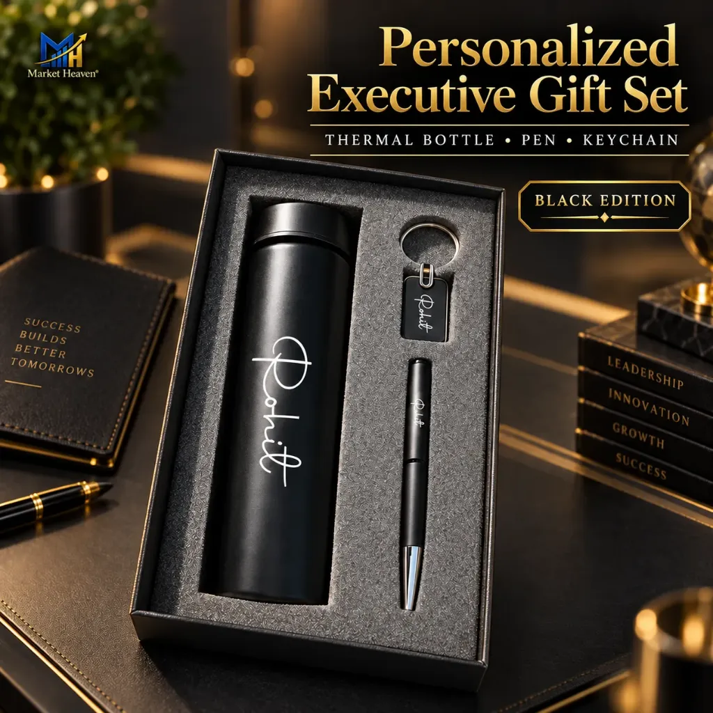 Personalized Executive Gift Set – Thermal Bottle, Pen & Keychain (Black Edition)