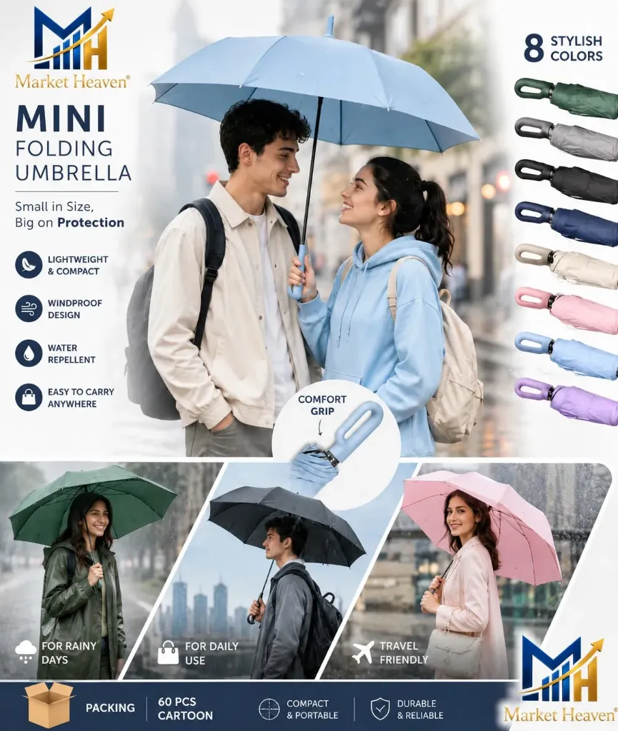 Folding Umbrella with Auto Open Feature, Hook Ring Handle, and Protection from Heat, UV Exposure and Rainy Weather Conditions for Travel and Commuting