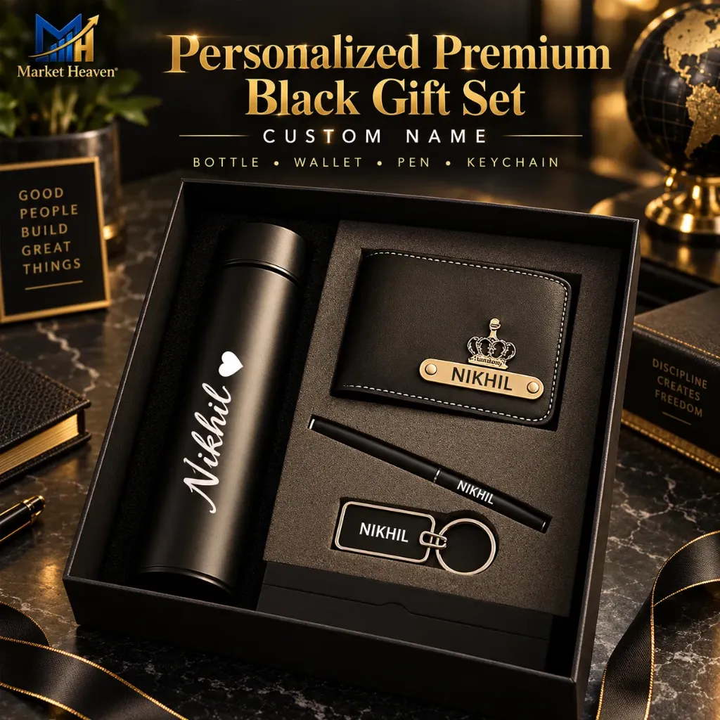Personalized Premium Black Gift Set – Custom Name Bottle, Wallet, Pen & Keychain